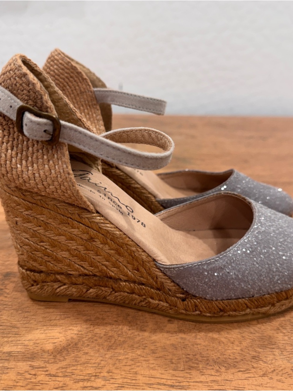 Gaimo Espadrille Wedge Heels Womens 36 5.5/6 Sparkling Silver Tan Ankle Strap - Picture 5 of 8
